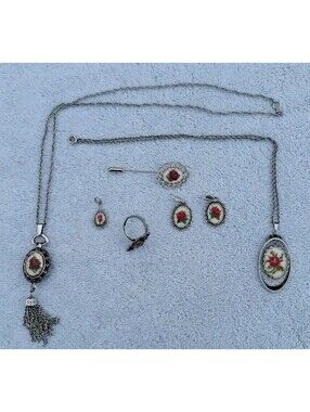 Vintage Petit Point Embroidered Rose Jewelry Set Tassel Necklace Ring Earrings